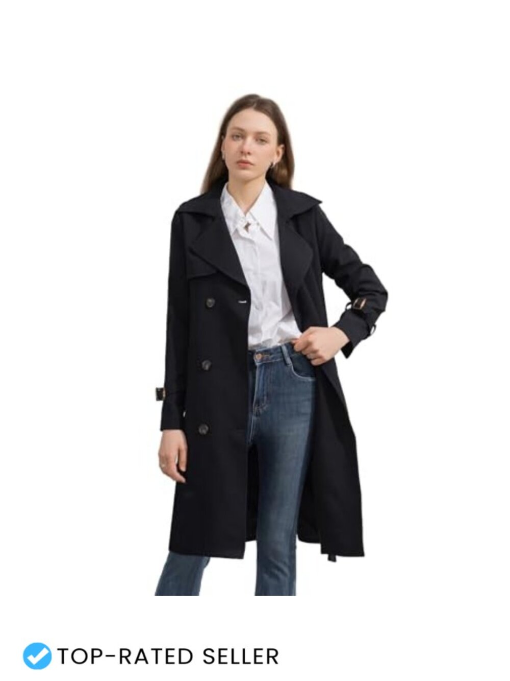 Women's Knee Length Double Breasted Belted Trench Coat Lightweight Overcoat